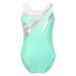 Kids Girls Artistic Skating Dance Unitards Gymnastics Swimsuit for Ballet Dancing Mesh Splice Ballet Jersey Bodysuit Dancewear