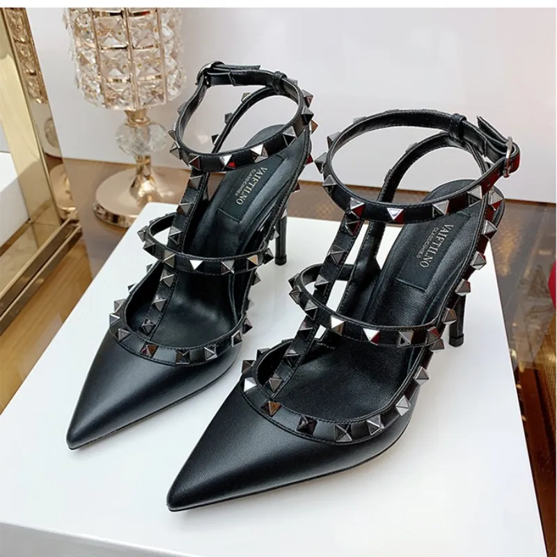 2024 Genuine Leather Rivet Fashion Classic High Heels Summer Black Slim High Heel Sandals Pointed Women\'s Party Wedding Pumps 41