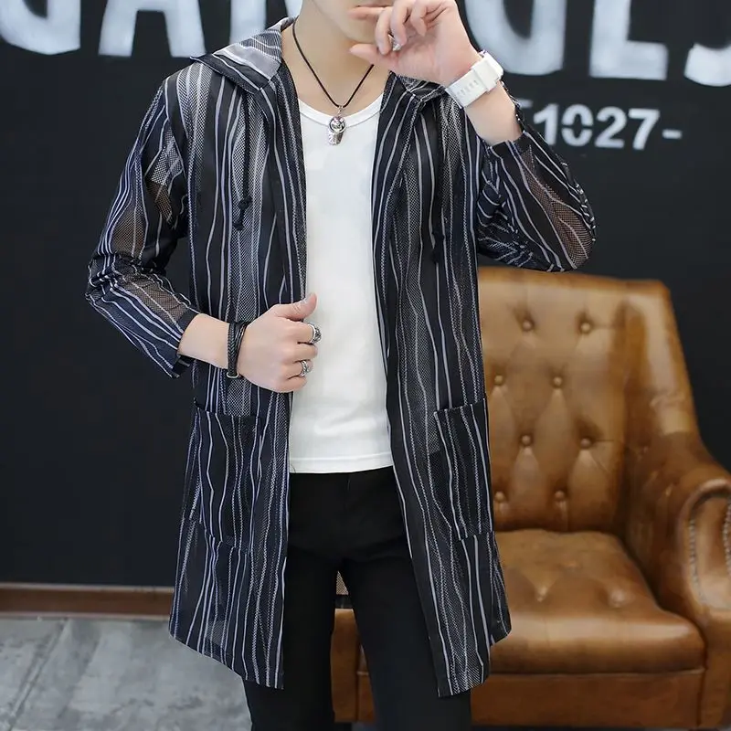 Men's Mid Length Ice Silk Jacket UV Shielded Cooling Windbreaker with Mesh Openings for Summer Outdoor Activities​