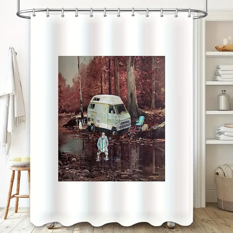 Vintage Camper Van Forest Adventure Travel Nature Landscape Wall Art Bathroom Shower Curtain Set Waterproof Home Decor