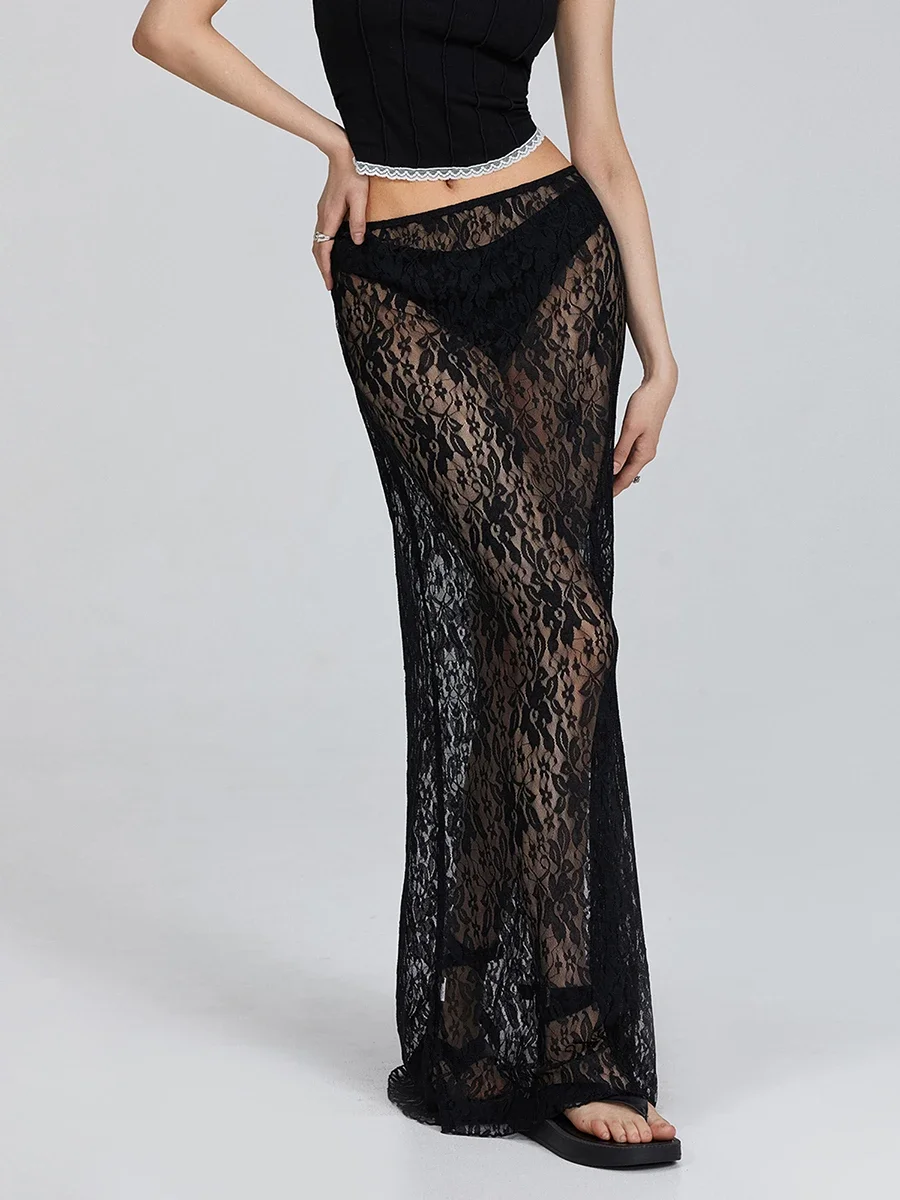 Women Sheer Lace Maxi Skirt Female Summer Elastic Waistband See Through Bodycon Long Skirts for Party Club Streetwear Y2K Fairy