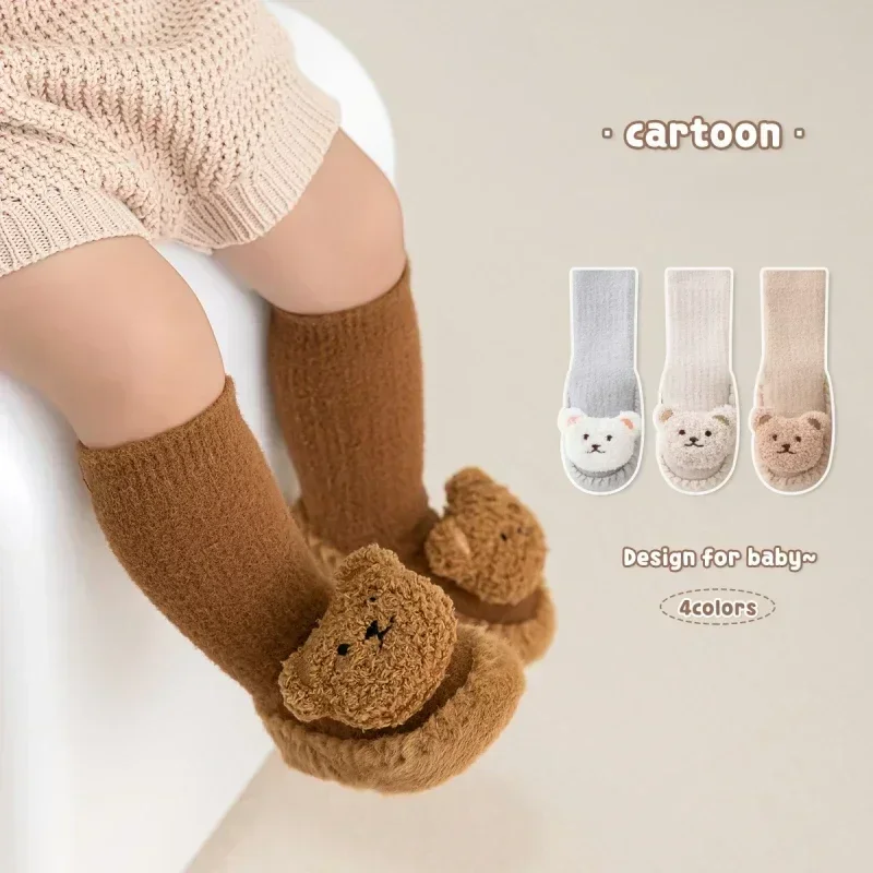 1Pair Autumn Winter Baby Sock Shoes Set Kawaii Cartoon Bear First Walker for Toddler Boy Girl Warm Infant Baby Indoor Sock Shoes