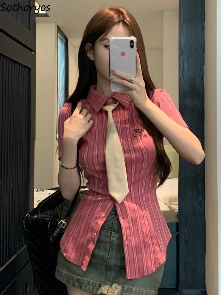 Shirts Women Striped Tie Simple Daily Slim Ladies Spring All-match Sexy Creativity Basics Charming Popular Korean Style Tender