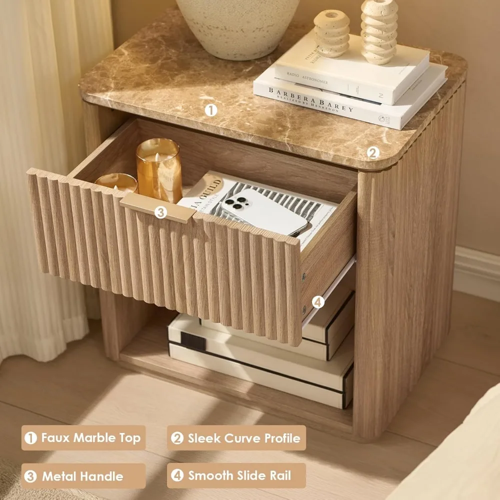 Par de mesitas de noche con tapa de mármol: mesitas de noche modernas de madera maciza con cajón y estante abierto