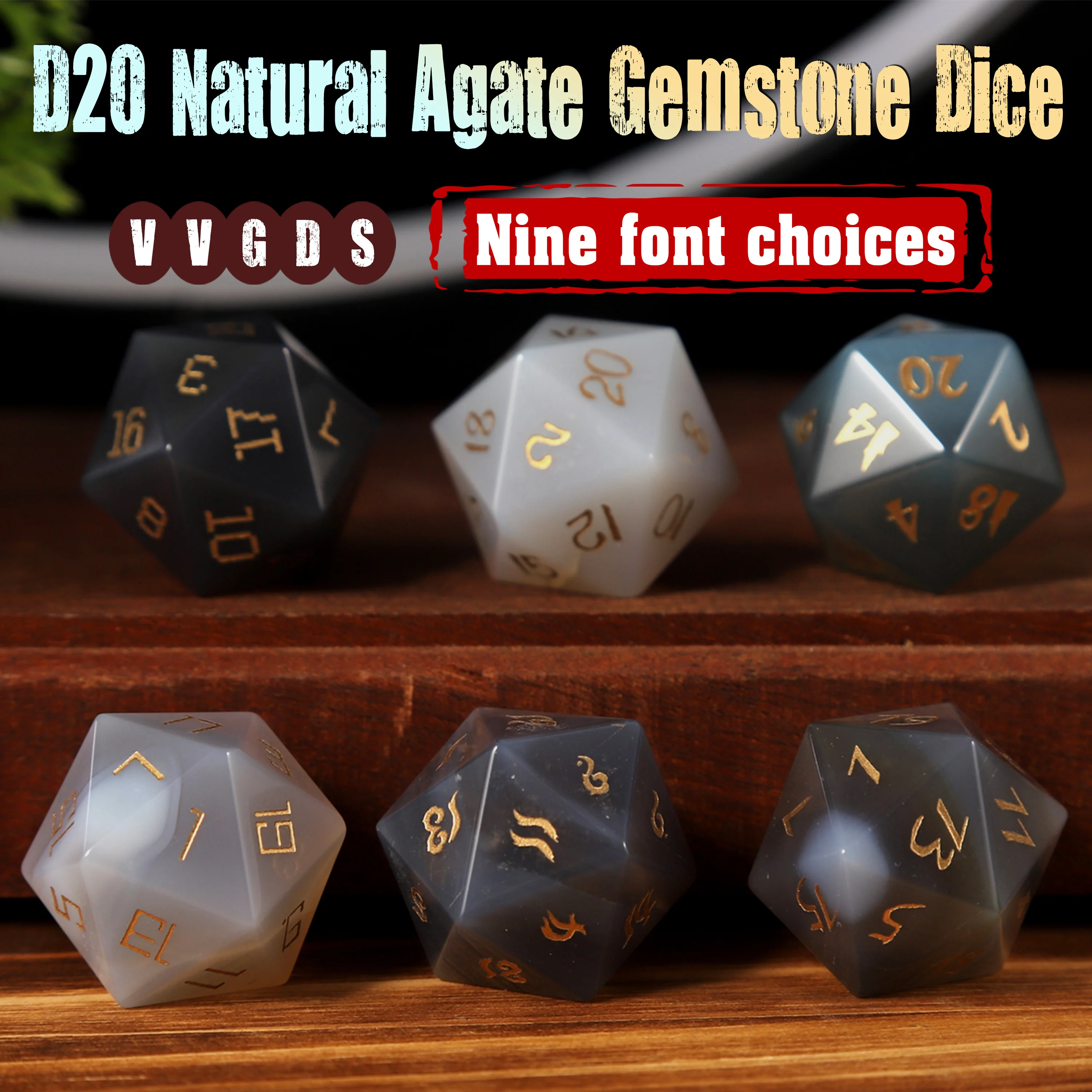 نرد عقيق طبيعي على الطراز القديم D20 مع 9 خطوط مختلفة للاختيار من بينها عشاق ألعاب سطح المكتب الأحجار الكريمة الفريدة المفضلة