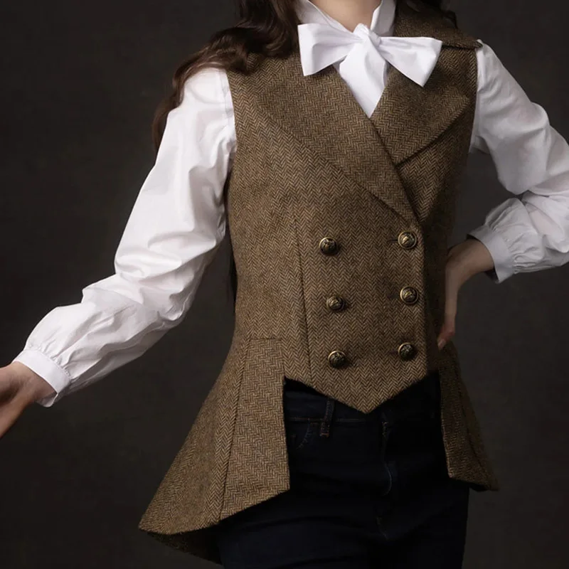 New Style Tuxedo Women's Suit Vest Check Herringbone Tweed Double Breasted Elegant Womens Jackets Best Coats Clothing Płaszcz