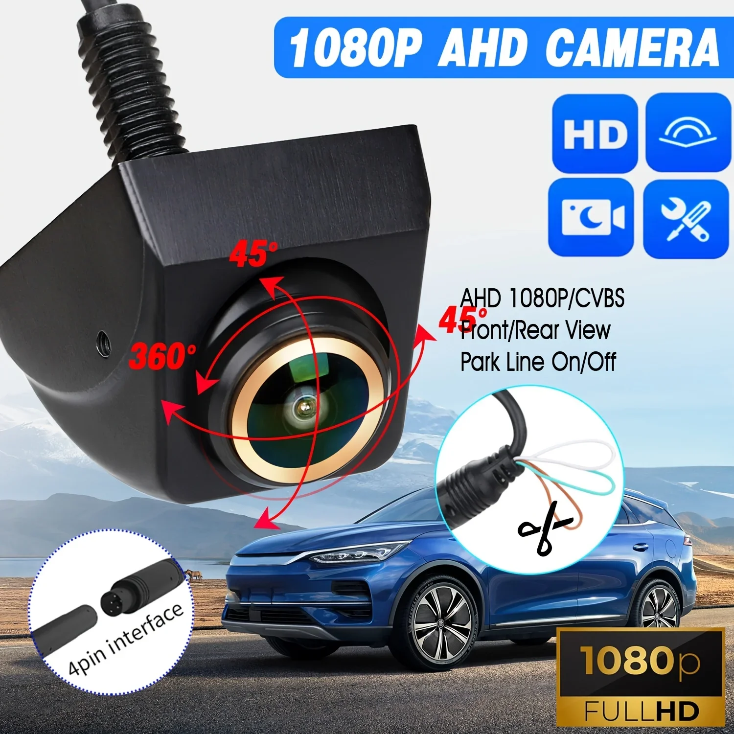 1080P HD Backup/Front/Side View Camera Parking Guide Lines, Adjustable Fisheye Lens, Metal Housing Modern Vehicle Accessory