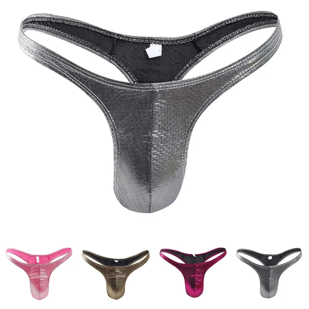 Mens Lingerie Faux Leather G-String Bulge Pouch Thongs Briefs Low Rise Sexy Underwear T-Back Underpants Seamless Undies