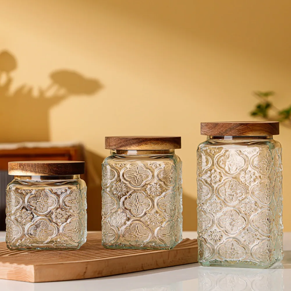 Household Vintage Embossed Glass Storage Jar Square Moisture-proof Mason Jar Thickened Sealed Grains Storage Box Coffee Bean