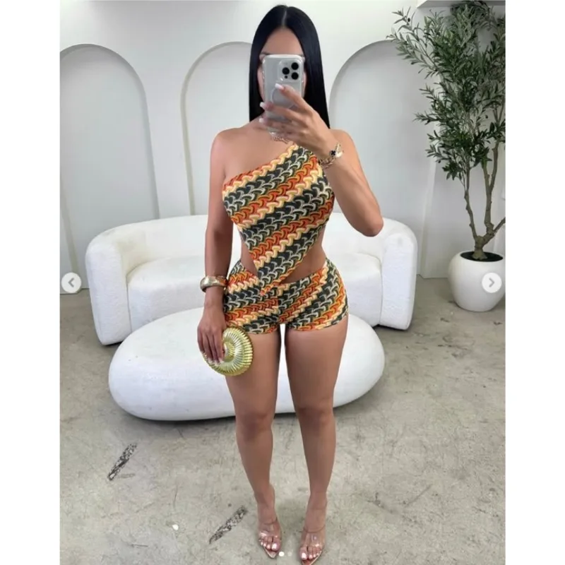 FAGADOER sexy tricot moulante deux pièces tenues femme couleur bloc hors showlder haut court + short correspondant femme streetwear nouveau