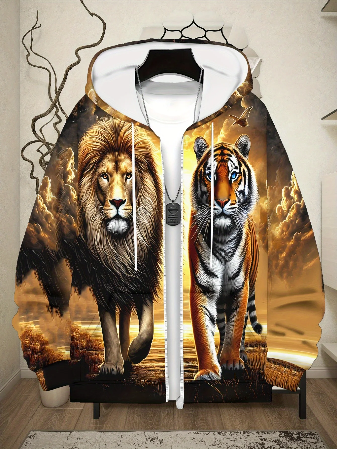 Moletom com capuz com zíper para homens com estampa de leão e tigre para uso em sala de estar, cores laranja e marrom vibrantes, leve e durável