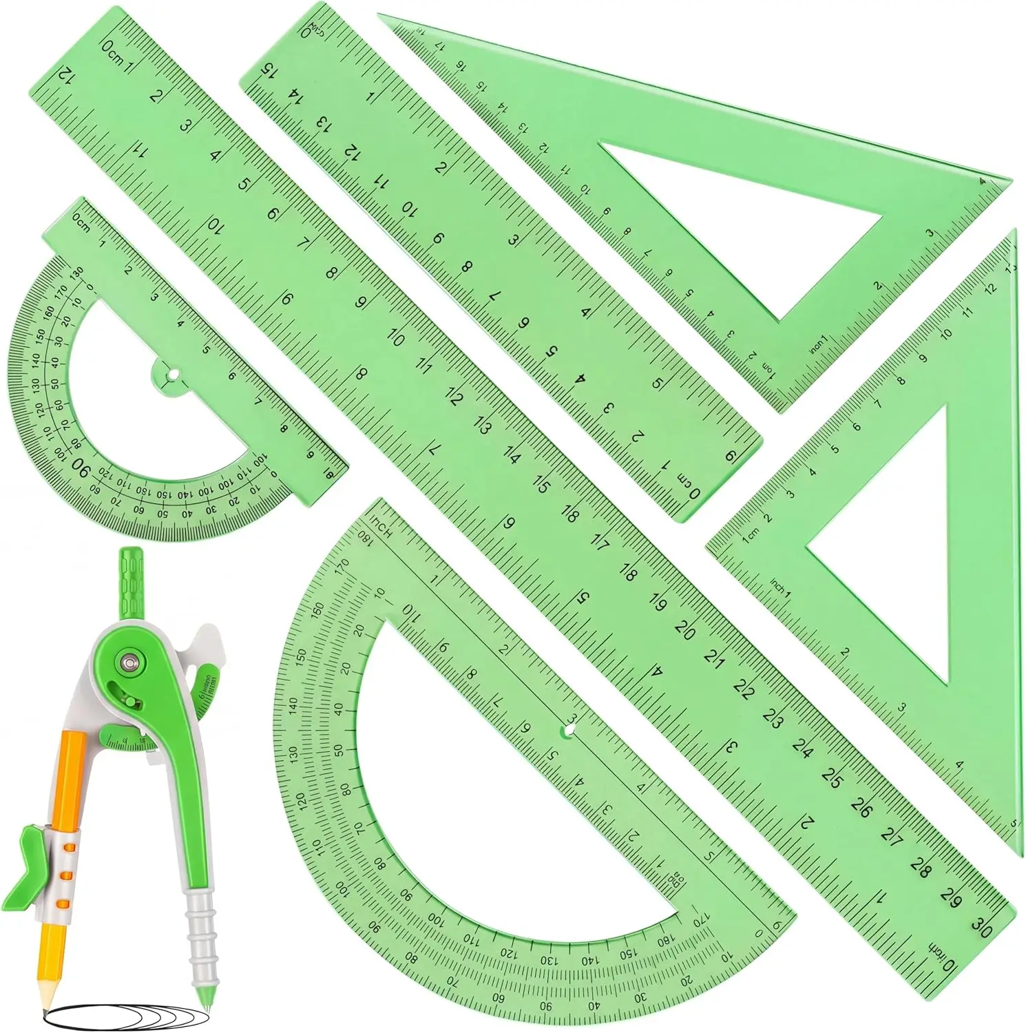 

7Pcs Plastic Geometry Set: 6" & 4" Protractors, Compass, 45/60° Triangles, 12" & 6" Rulers, Green
