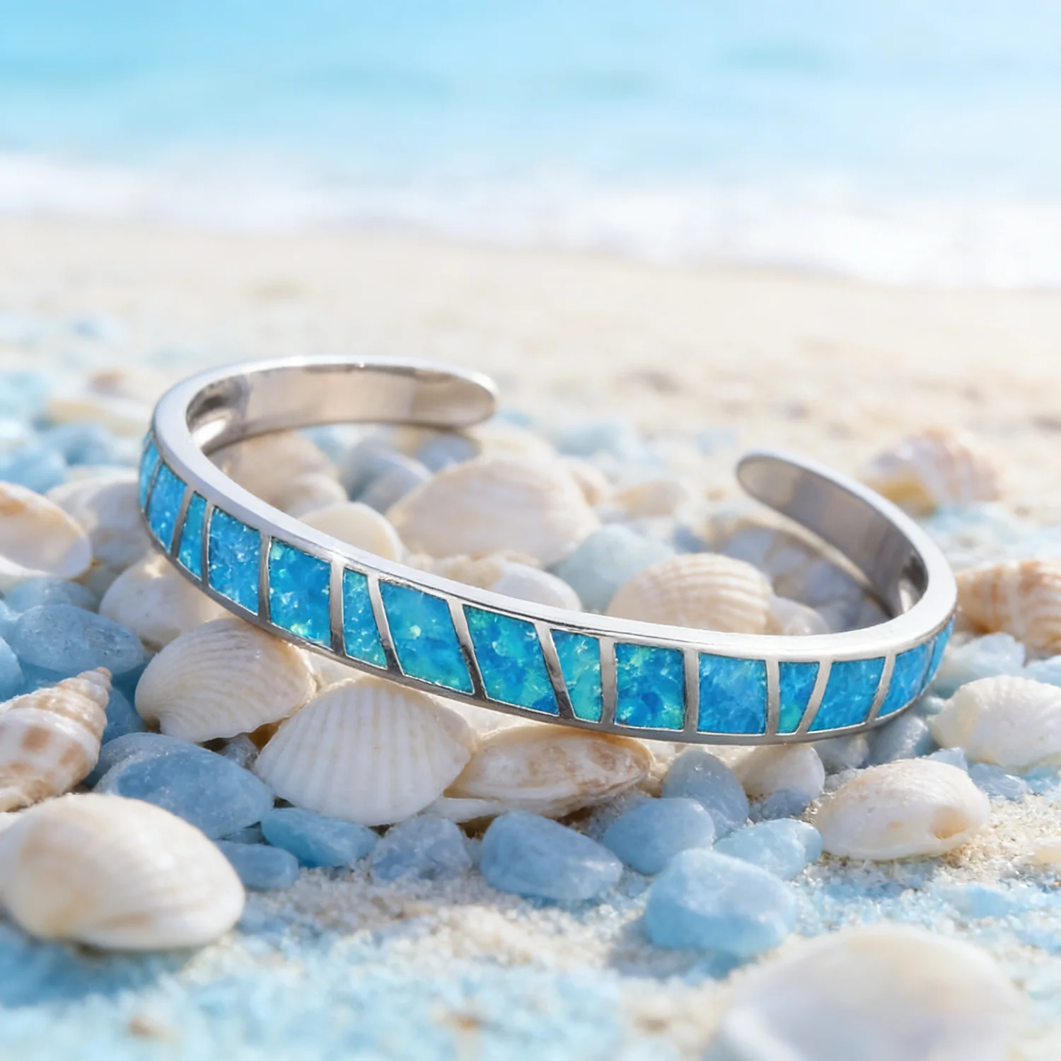 Dazzling Blue Opal Bangles  White K Plated High-Quality Jewelry for Women Open Design Suitable for Ideal Couple Anniversary Gift