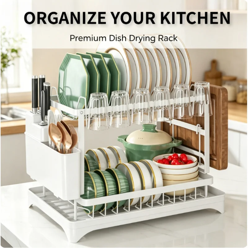 

Двухуровневая сушилка для посуды с регулируемым сливным отверстием, поддоном для слива воды, держателем для столовых приборов и чашек, белая, для кухонной столешницы