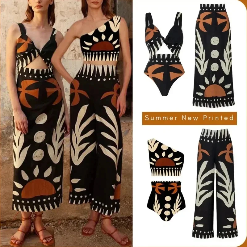 Sexy Bird Print Mesh High Waist Bikini 3-częściowe zestawy damskie Moda Wydrążone jednoczęściowe stroje kąpielowe 2024 Nowa plaża Sarong Monokini