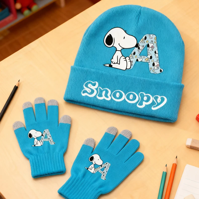 ชุดหมวกถักนิตติ้งและถุงมือสนูปปี้ 2 ชิ้น สำหรับเด็ก สีฟ้า น่ารัก อุ่นในฤดูหนาว หมวกบีนนี่สำหรับเด็กชายและเด็กหญิง ถุงมือแบบสัมผัสหน้าจอ ของขวัญวันคริสต์มาสและวันเกิด