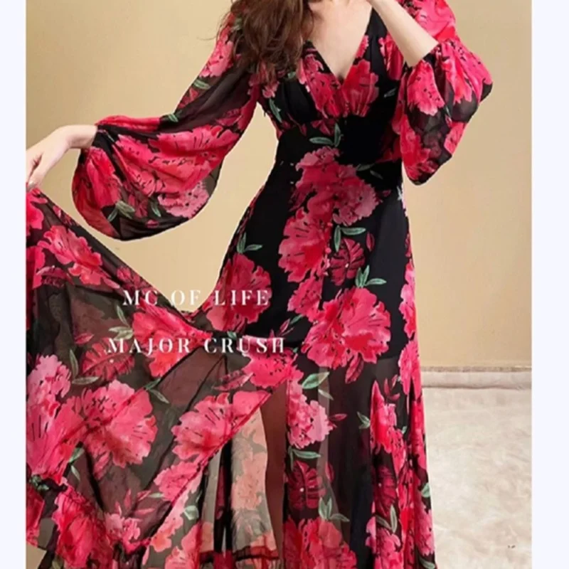 

Bohemian Beach Holiday Women's Clothing and Beautiful Rose Print Red Silk Chiffon Dress Simple Commute Korean Version Dresses