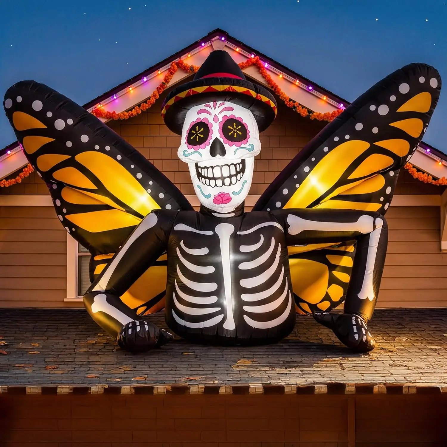 7FT Halloween Inflatables Skeleton with Butterfly Wings for Roof Yard Decor | Halloween Blow Up Skeleton Inflatable, Bright LED