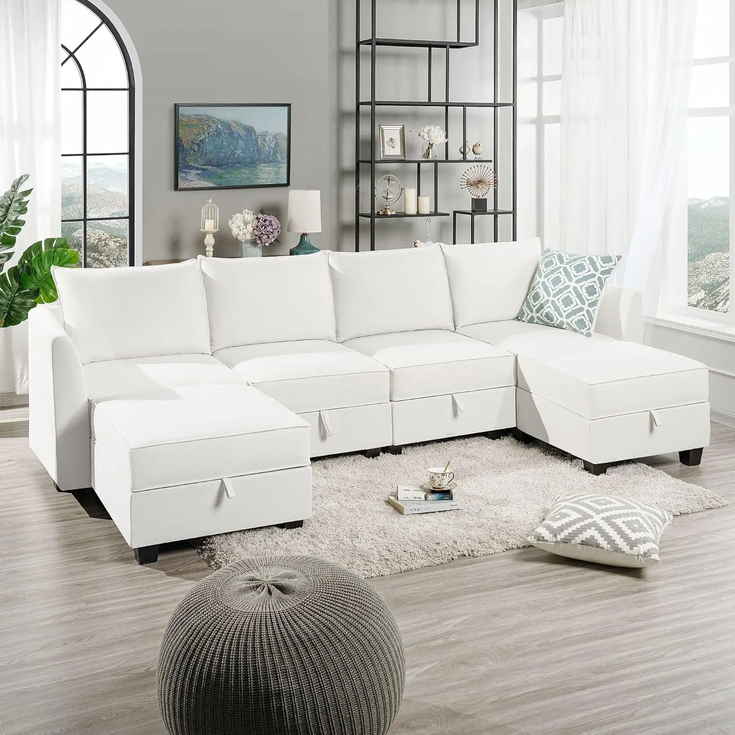 Modular Convertible U-Shaped Oversized Couch with Reversible Chaise, Sectional Sofa with Ottoman - Linen Upholstery, White