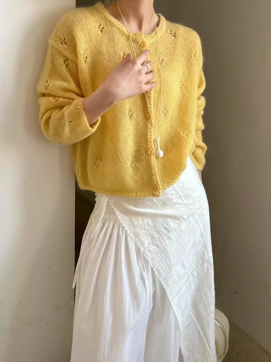 

Tagkita Women's Knitted Hollow out Camere ort Open Cardigan Spring Thin Design Sense Loose Fit Long Sve round Ne Top