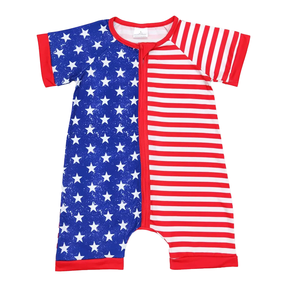 

Baby Kids 4th of July Zipper Romper Short Sleeves Stars And Stripes Patriotic Clothing for Infants