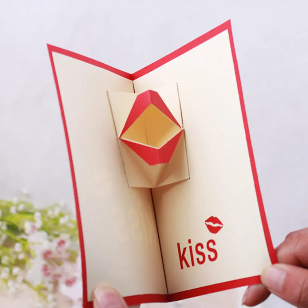 

1Pcs Red Lip Handmade Greeting Card Valentine Birthday Pop Up Design Lover Love Art Sweet Holiday Gift Greeting Cards