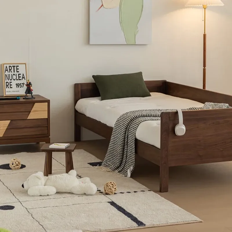 Solid wood bed, North American black walnut log modern minimalist single bed with guardrail