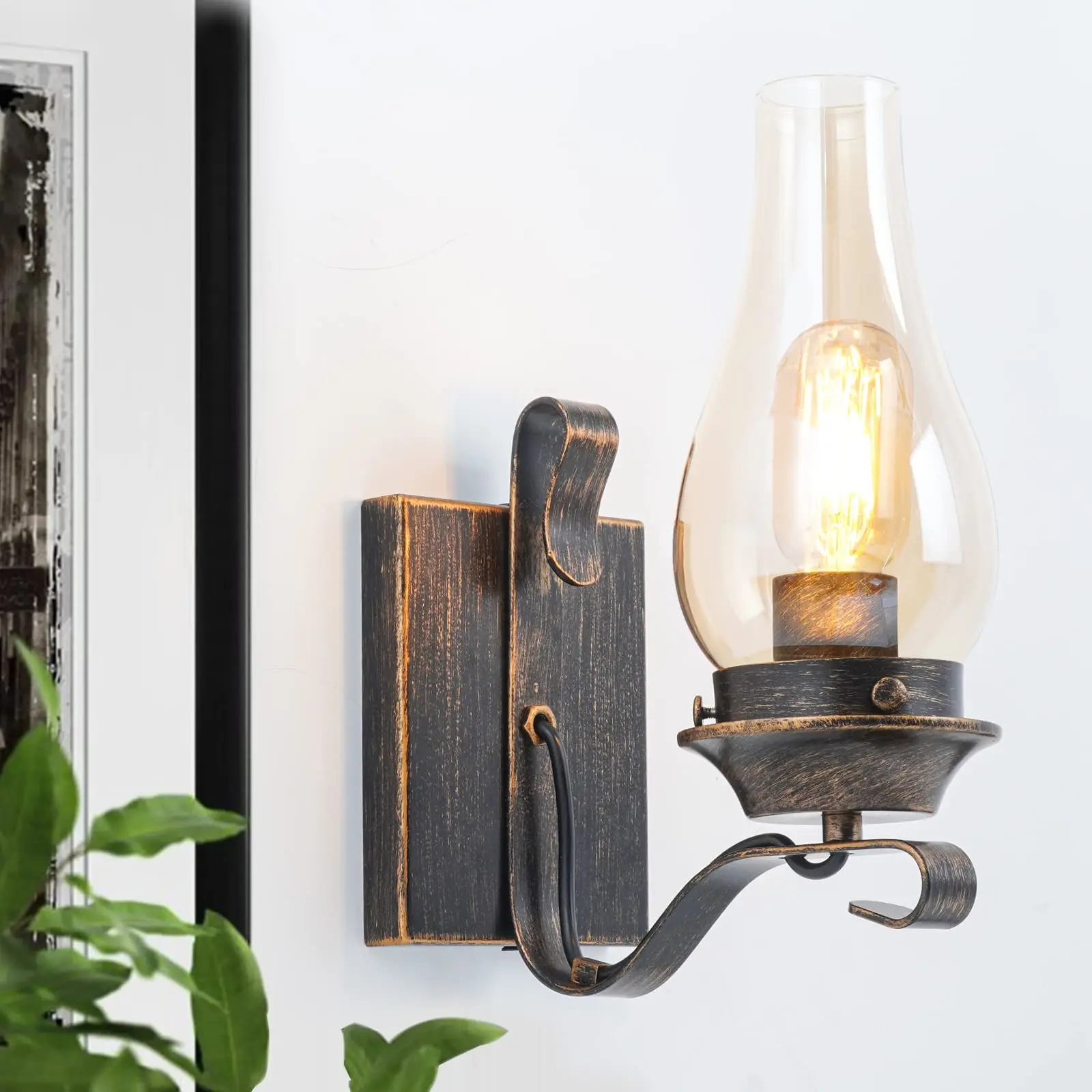 

Hardwired Wall Sconce, Bronze Hardwired Wall Sconce, Retro Rustic Wall Lamp with Amber Glass,Vintage Wall light for Living Room