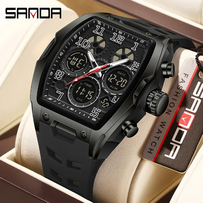 SANDA جديد 6266 رجل الموضة الساعات الإلكترونية الرياضية متعددة الوظائف إضاءة مقاومة للماء ضوء الليل الرقمية الكوارتز ساعة يد رجالي