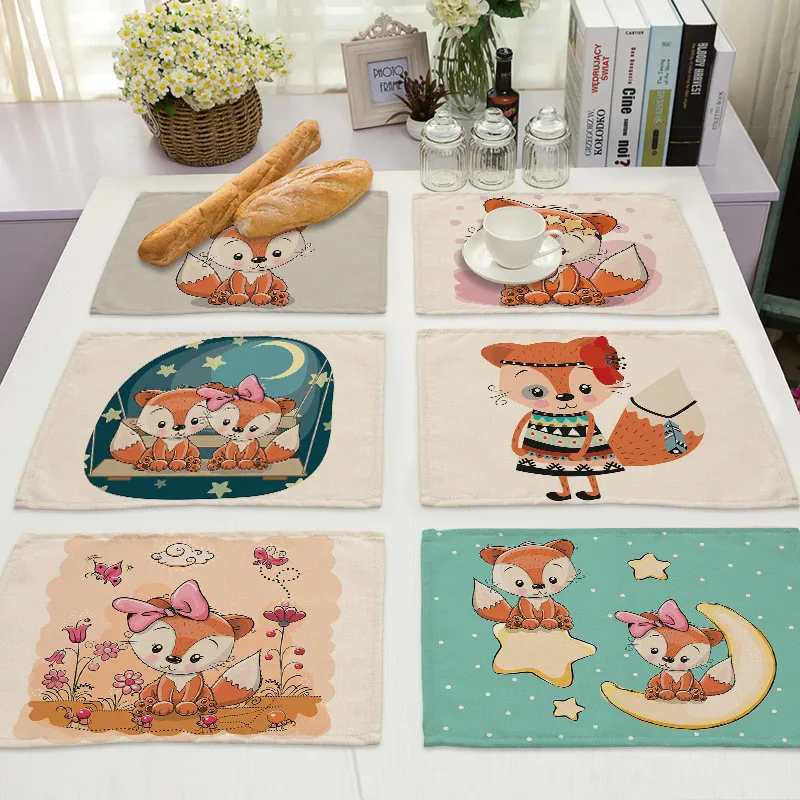 Cartoon Fox Pattern Drink Coasters Kitchen Placemat Animal Dining Table Mat Coaster Cotton Linen Pads Western Mat Home Decor