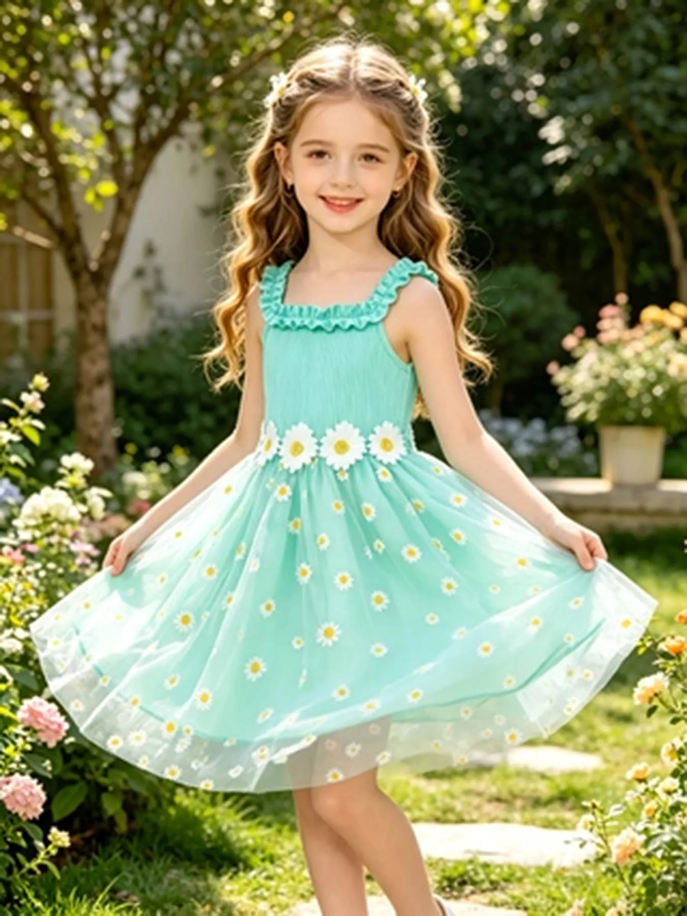 Fresh Daisy Ärmelloses Tüllkleid für Mädchen, gerüschte Schulterträger, 3D-Blumenverziertes Tüll-Tutu-Kleid, Sommerkleid für Li – Detail 2