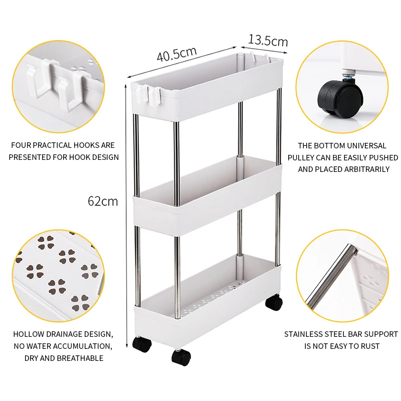 3-Layer Ultra-thin Mobile Multi-Functional Slim Storage Cart Suitable For Kitchen Bathroom Room Narrow Plastic Stainless Steel