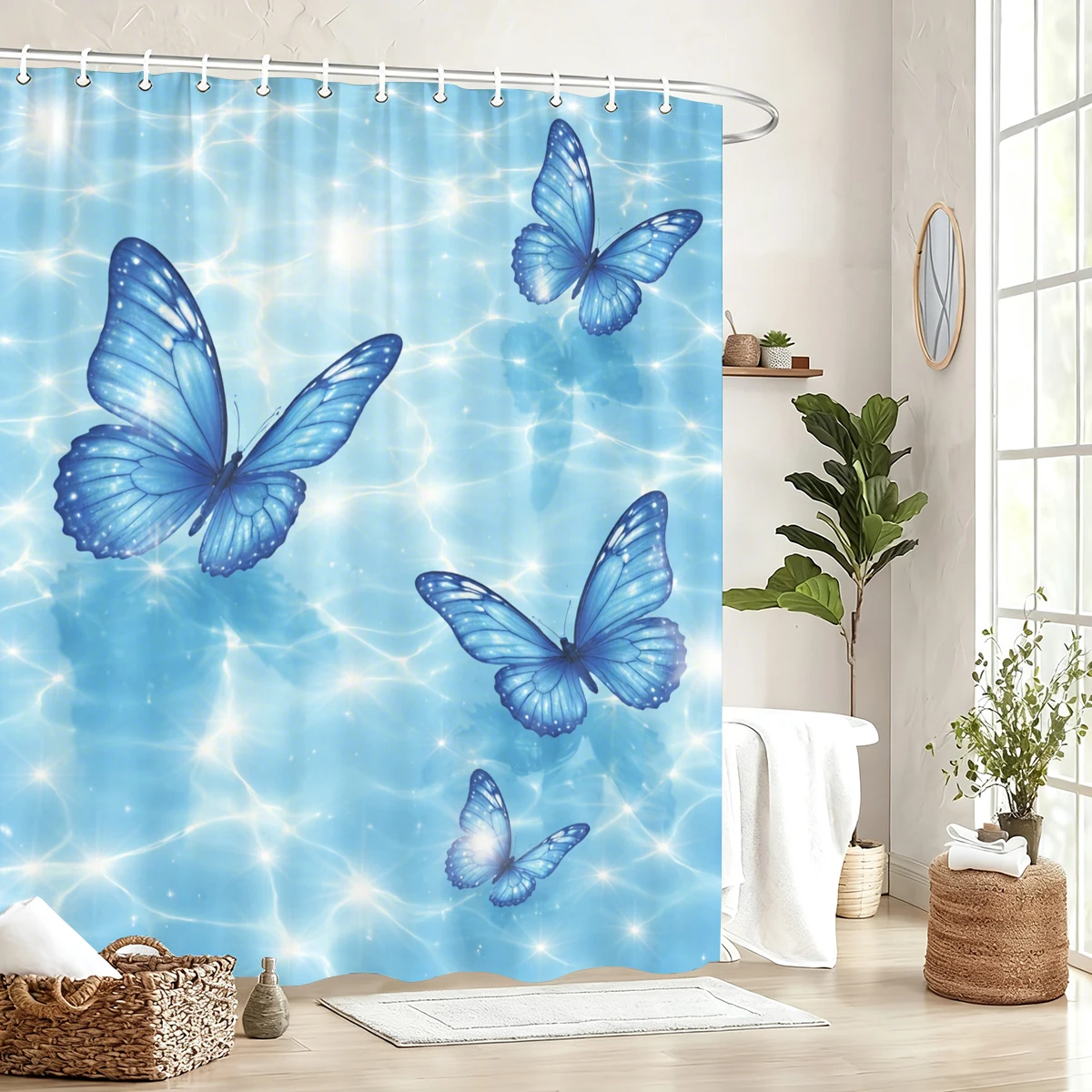 Nature Themed Polyester Shower Curtain - Printed Floral, Waterfall, Dragonfly & Butterfly Design for Bathroom Decor