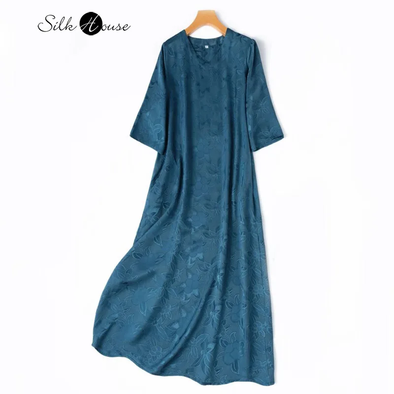 

Women's Summer New 100% Natural Mulberry Silk Jacquard HuaLuo V-neck Three-quarters Sleeve Peacock Blue Straight Tube Dress