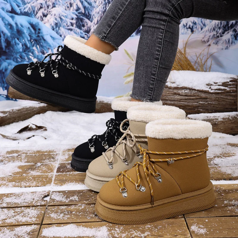 

Autumn Winter New Lamb Wool Snow Boots for Women Genuine Leather Lace-up Warm Flat Thick Sole Lace-up Snow Boots Short Boots