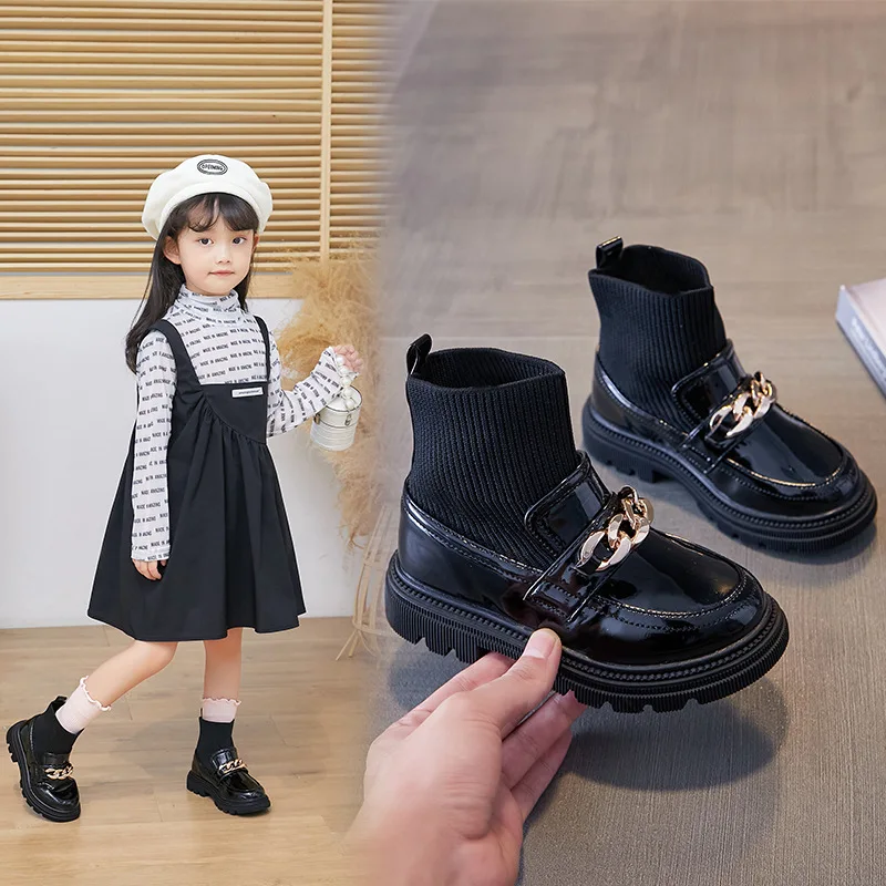 Girls Leather Boots Metal Chains Princess Boots Kids Ankle Boots Children Socks Boots Stretch Fabric Fashion Sweet Slip-on Soft