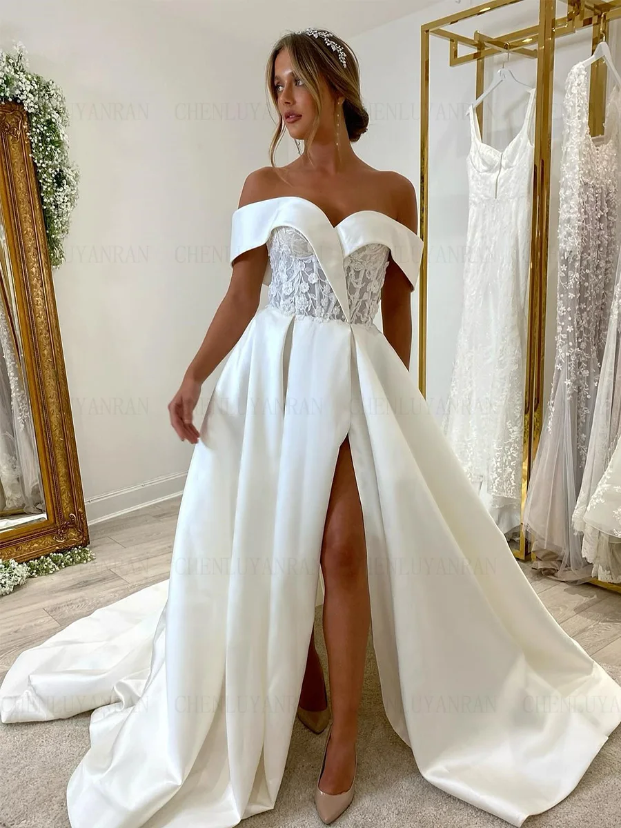 Sexy Satin Wedding Dresses Off-The-Shoulder Long Wedding Bride Dress High Quality Slit Dresses For Wome 2024 Vestidos De Novia