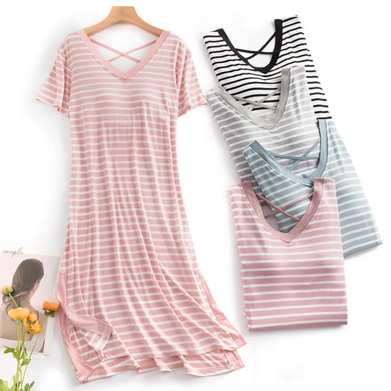 Striped Summer Sleeping Dress For Women New Short Sleeve Nightwear Dresses Ladies Nightgowns Chest Pad Sleepwear Nightshirt