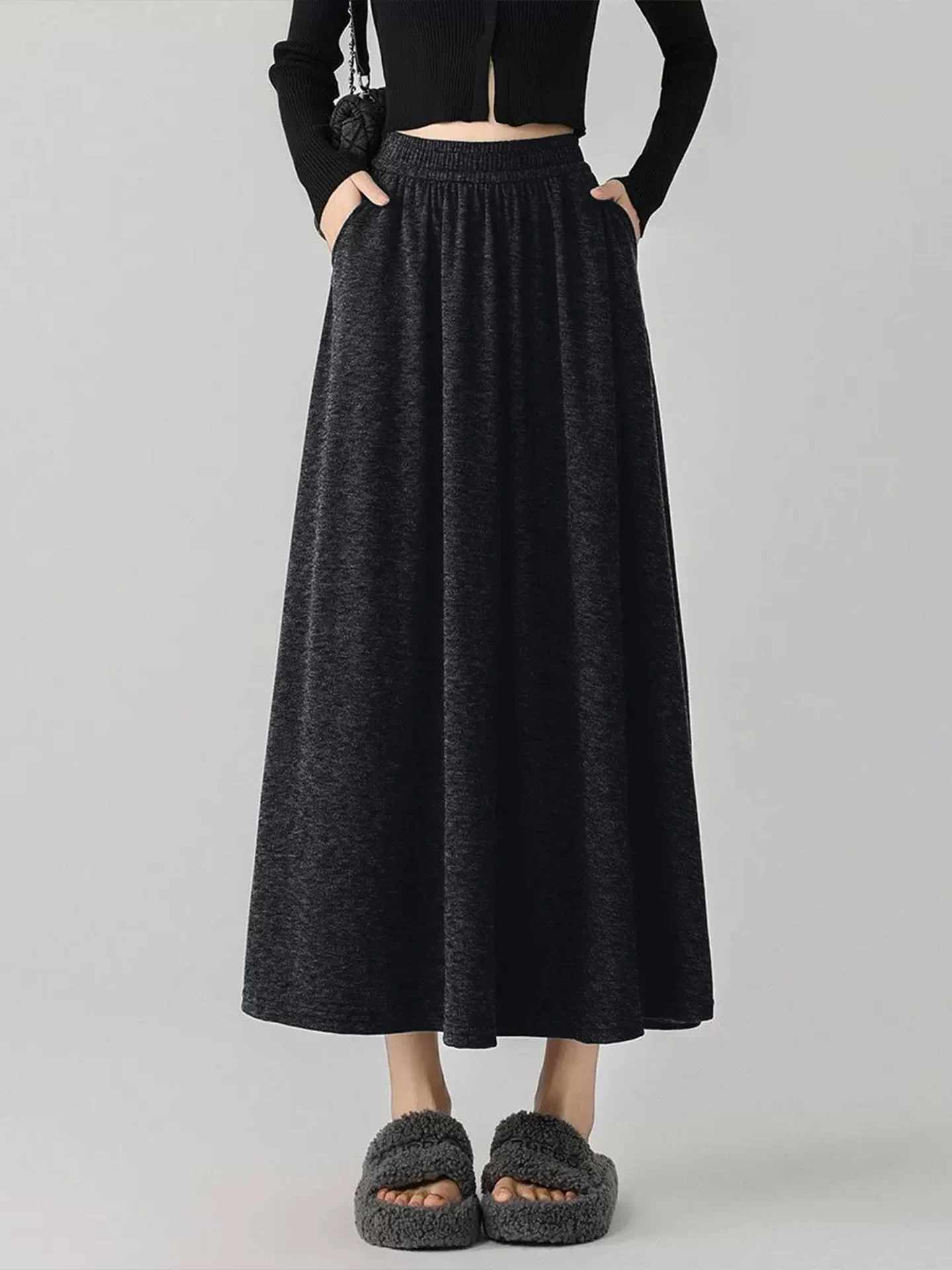 Black A-Line Knitted  Skirt Women's Autumn 2026 New Style Midi Skirt Lazy Falling Korean Style Standard Fit Elastic Waist