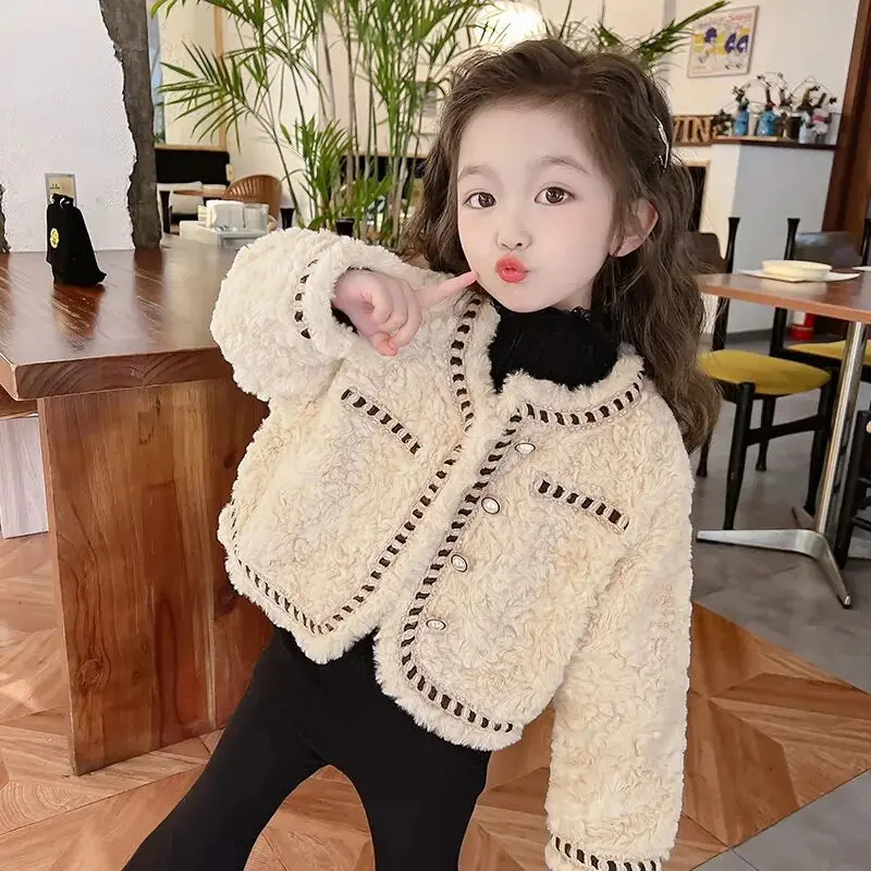 

New Girl's Woolen Coat Autumn/Winter Baby Lamb Velvet Jacket Children's Warm and Velvet Coat