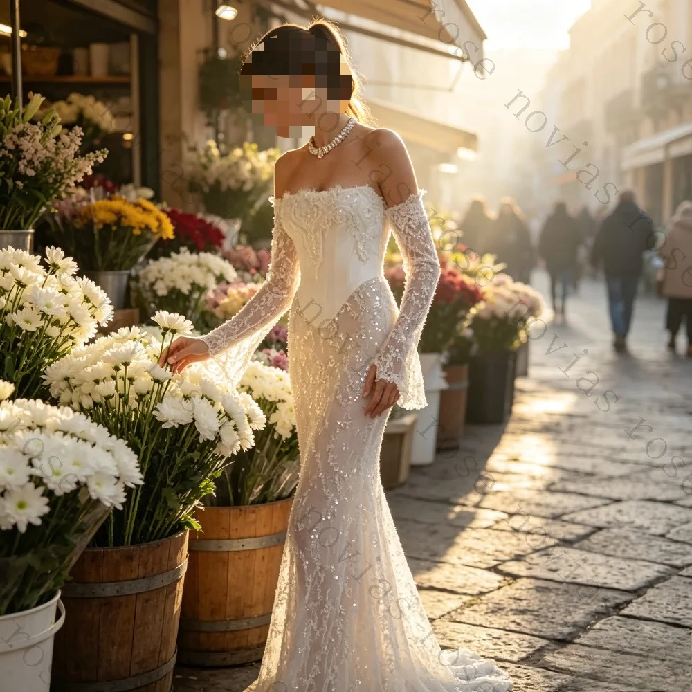 Customized Luxury Minimalist Elegant Modern Mermaid Wedding Dress Strapless Off Shoulder Sweep Beaded Lace Tulle Bridal Gown