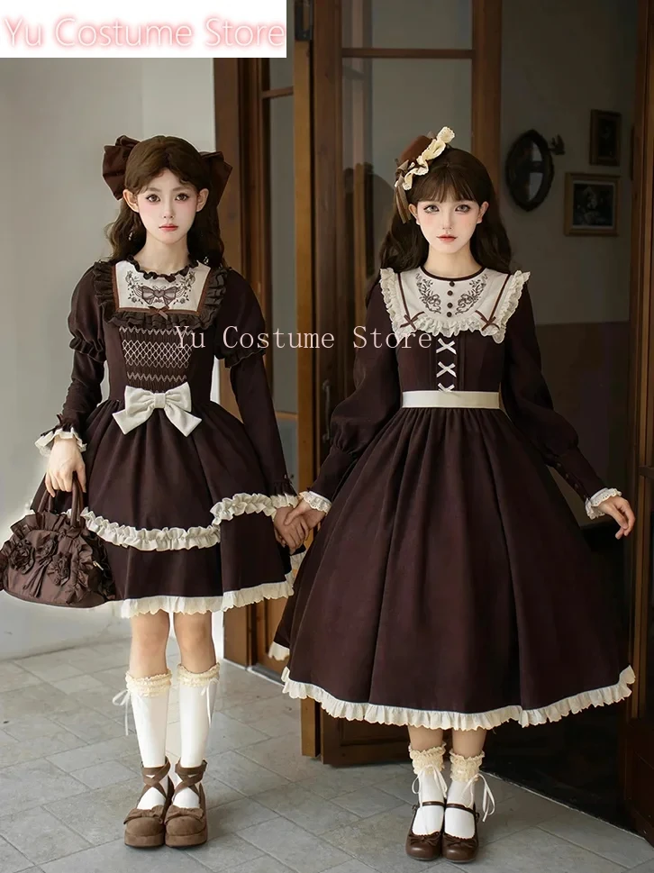 

British Retro Cla Flower Embroidered Lolita Dresses Autumn Winter New Ruffle Edge Round Neck Long Sleeve Slim Tutu Dress 2025