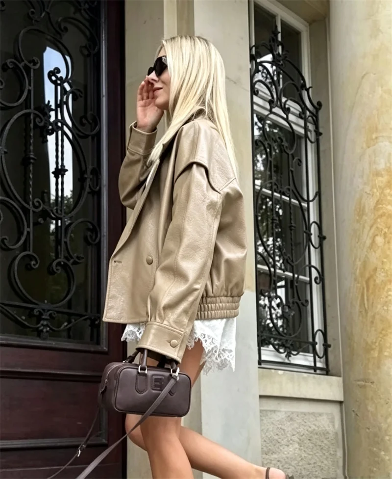 Guobioziy Women's Jacket 2026 Fall/Winter New Arrival Fashionable High-End Feel Long-Sleeve Loose Leather-Effect Pilot Jacket