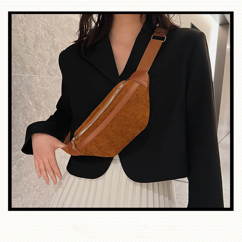 Fashion Corduroy Women Waist Bag Student Ladies Shoulder Crossbody Zipper Chest Bag Phone Banana Female Bags