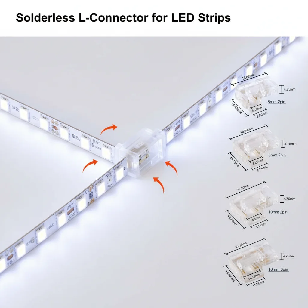 Transparent 90 Degree COB LED Connectors L Shape Corner 5/8/10mm Solderless 2/3/4 Pin Connector For CCT FCOB RGB Strip Lights
