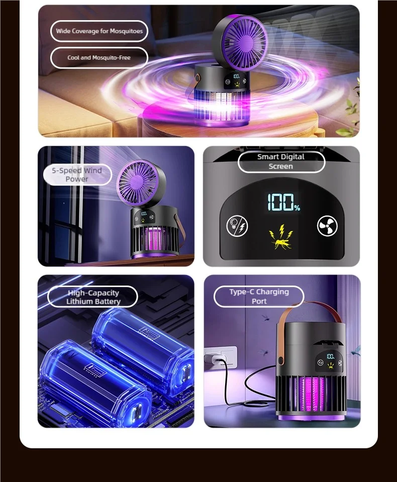 TINSOL 6-in-1 Mückenkiller-Lampe für Zuhause mit Kleinem Ventilator, Nachtlicht, Elektrischer Mückenschutz und Mückenfalle für Draußen – Detail 4