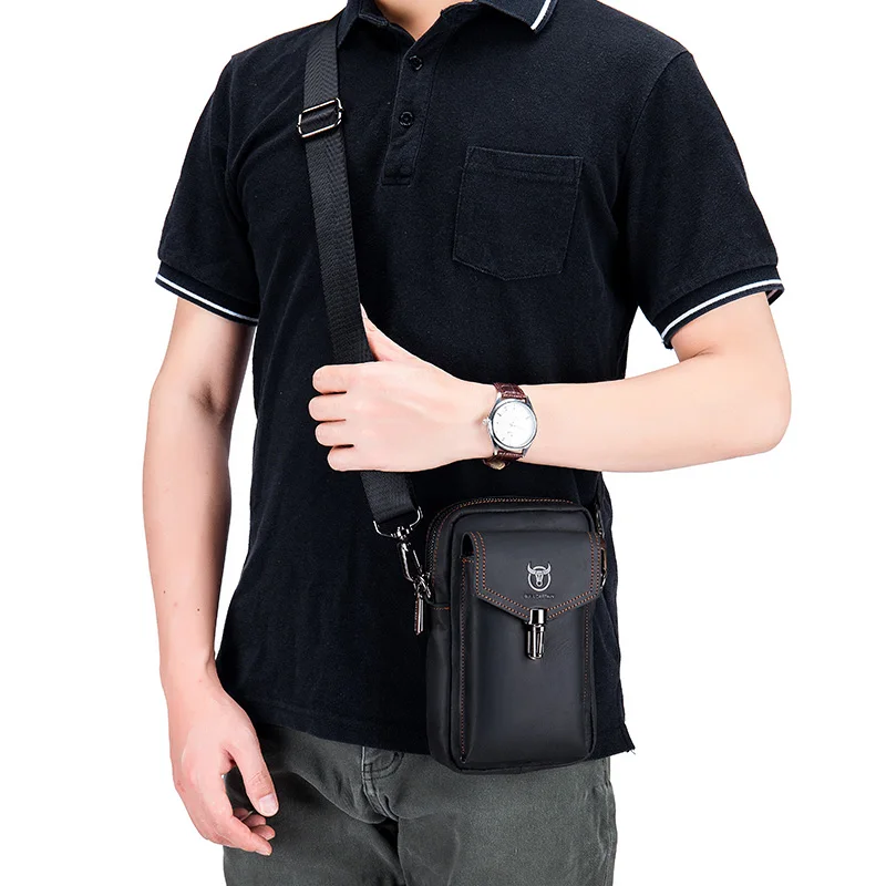 2023 100% Crazy Horse Leather Male Waist Pack Phone Pouch Bags Waist Bag Men's Small Chest Shoulder Belt Bag Back Pack YB076