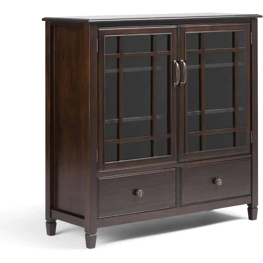 SOLID WOOD 46 Inch Wide Traditional Tall Storage Cabinet in Dark Chestnut Brown, For the Living Room, Entryway and Family Room