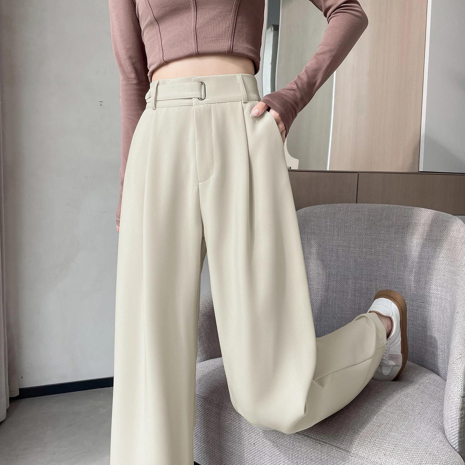 2024 New High Waist Button Suit Wide Leg Women\'s Full Pants Spring Autumn Red Female Elegant Minimalism Straight Loose Trousers