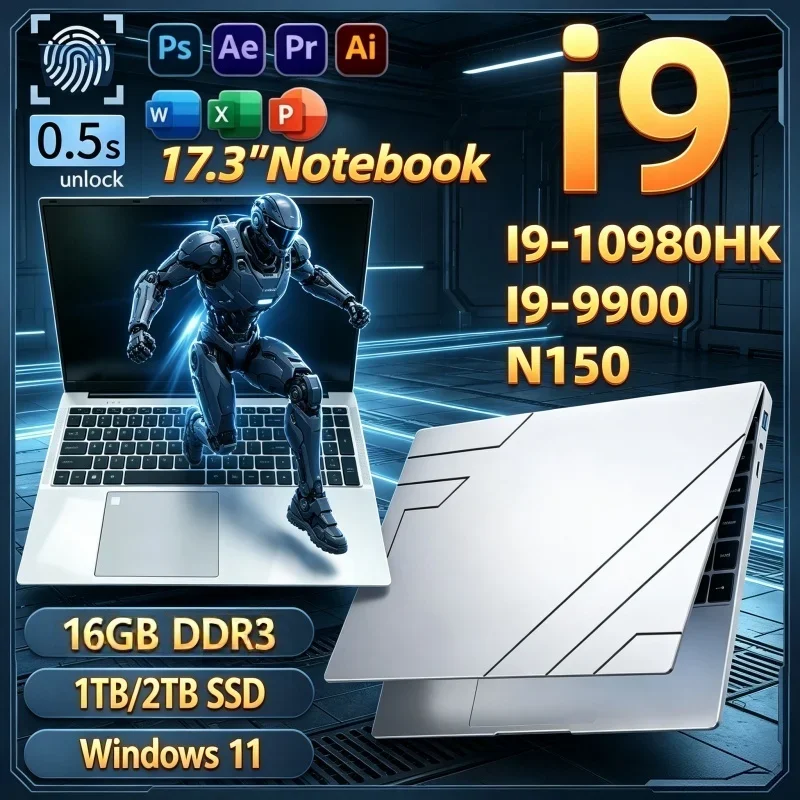 17.3 Inch High‑Clarity Notebook,2026 Intel I9‑10980HK/I9‑9900/N150 16GB 32GB 2TB SSD Win11 FHD Lightweight Gaming Study PC